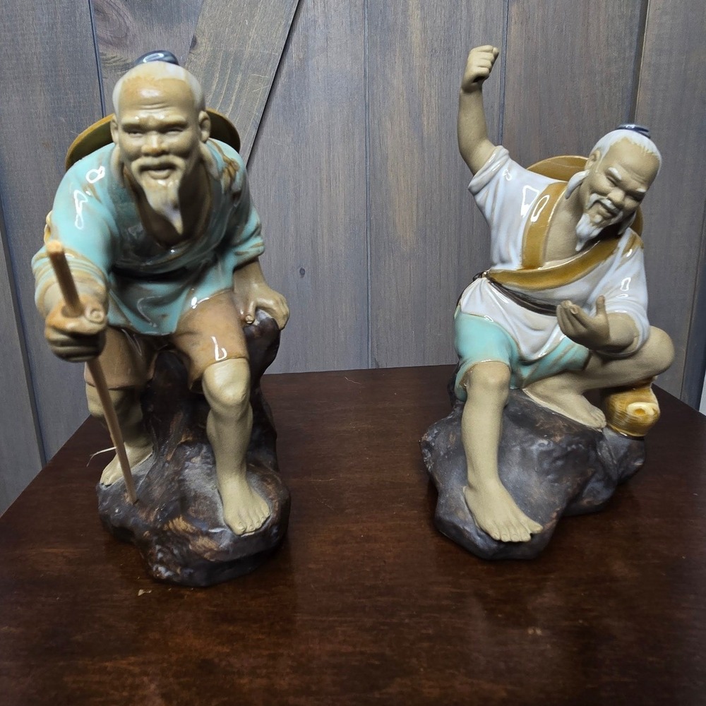 Shiwan Mudman Figurine Set 2 Vintage Chinese Wise Men Art Chinoiserie